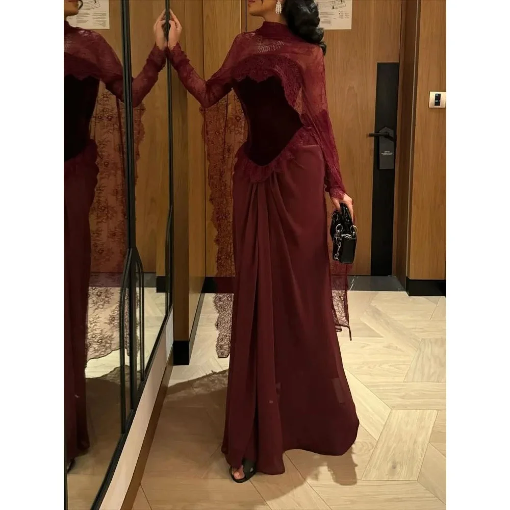 فستان سهرة مخصص برقبة عالية رائع بأكمام طويلة فساتين لحضور الحفلات الموسيقية Ruched مناسبة رسمية مزين بالدانتيل فستان حفلات رداء سواريه