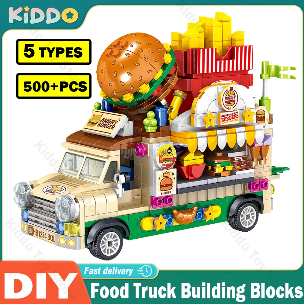 Food Ice Cream Building Blocks Truck Burger truck Bricks Mini Creative Model Puzzle Assembly Educational Toys for Girls Gifts