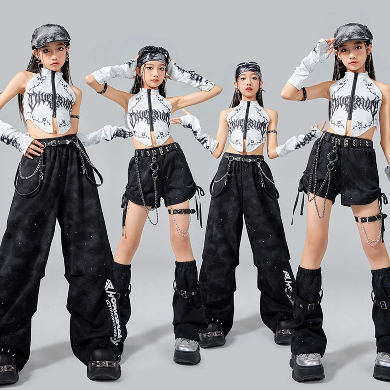 

Kpop Одежда для девочек, костюмы для джазовых танцев, детский наряд для сценического шоу, черный укороченный топ, черные брюки-тафле, модный танцевальный костюм в стиле хип-хоп 4086