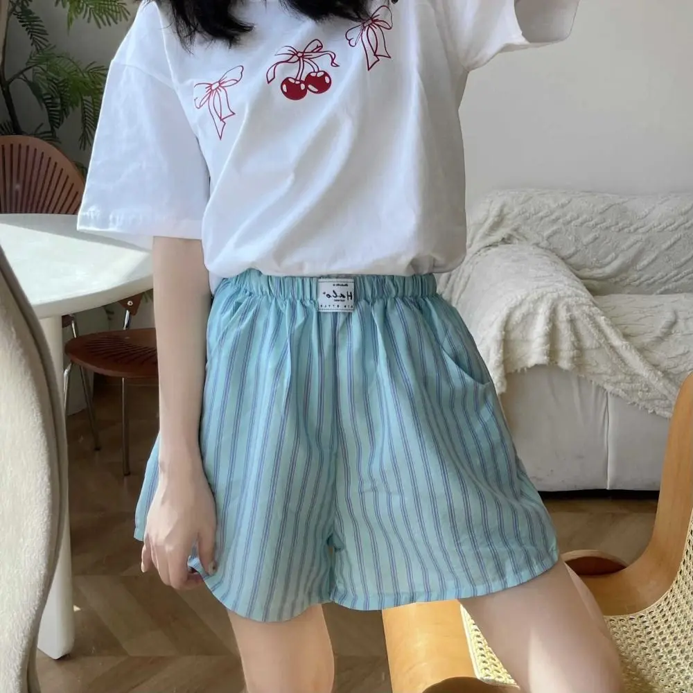 Spring Summer Casual Shorts Women Baggy High Waist Stripe Short Pants with Pocket Elastic Waistband Thin Loose Shorts