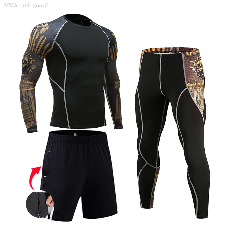 Running Sports Men's Compression Sportwear Suit Jogging Thermal Underwear MMA rashgard Male Gym Long T-shirt Leggings shorts set