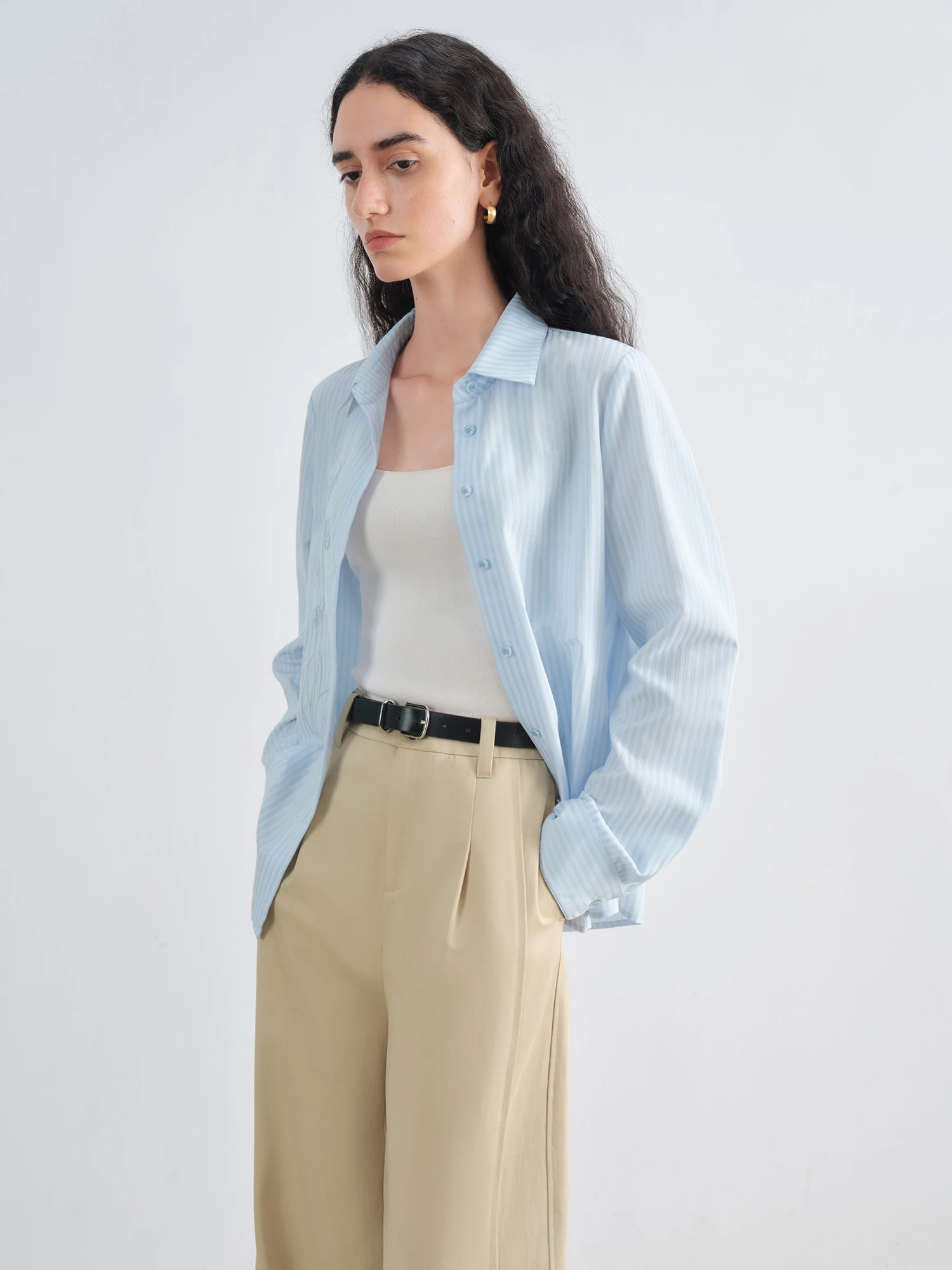 ZIQIAO Minimalism Style Gentle Flower Embroidered Shirt For Women 2025 Autumn New Arrival Striped Shirt Design Top 25ZQ93134