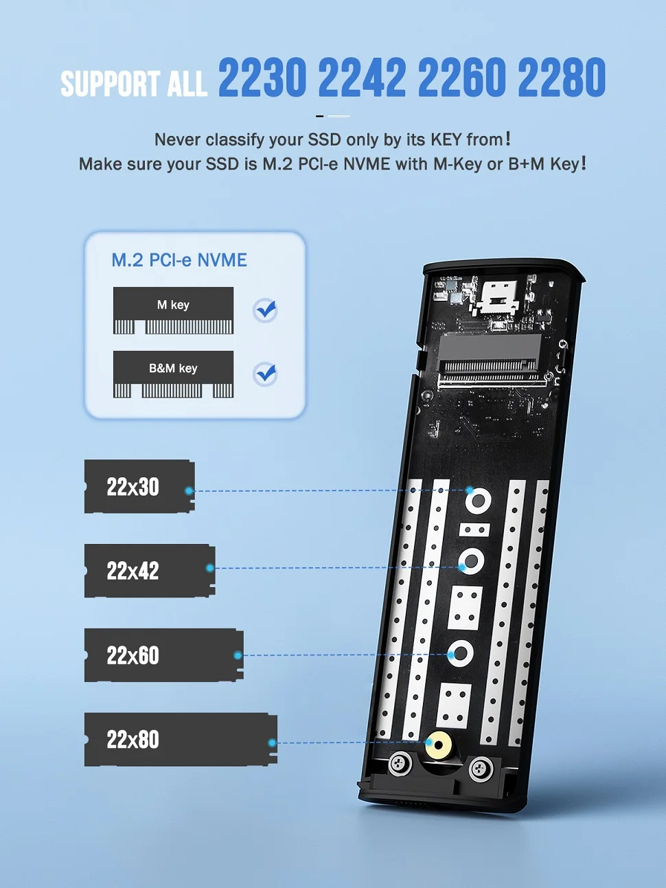 Lemorele SD1L M.2 SSD Enclosure M.2 NVME SSD Case Adapter 10Gbps PCIe USB 3.1 Gen2 Type C M/M@B Key Solid State Drive Case