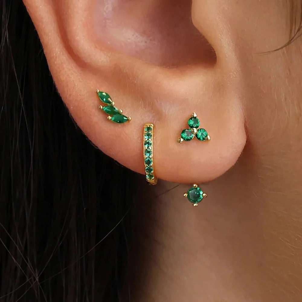 6PCS Exquisite Green Zircon Hoop Earrings Set for Women Gold Plated Stainless Steel Cartilage Piercing Earring Statement Jewelry