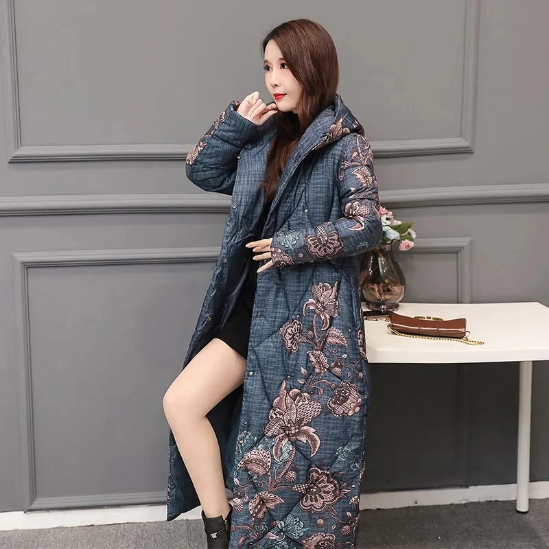 Ethnic style Down cotton Jacket Parka Women\'s 2024 Winter New Print Hooded Coat Female Loose Thicken Overcoat Warm Long Parkas