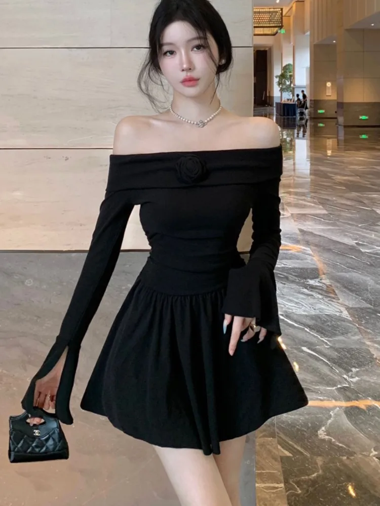 Autumn Sexy Slash Neck Black Short Dresses for Women Flare Sleeve High Waist A-line Korean Fashion Mini Vestidos Mujer New