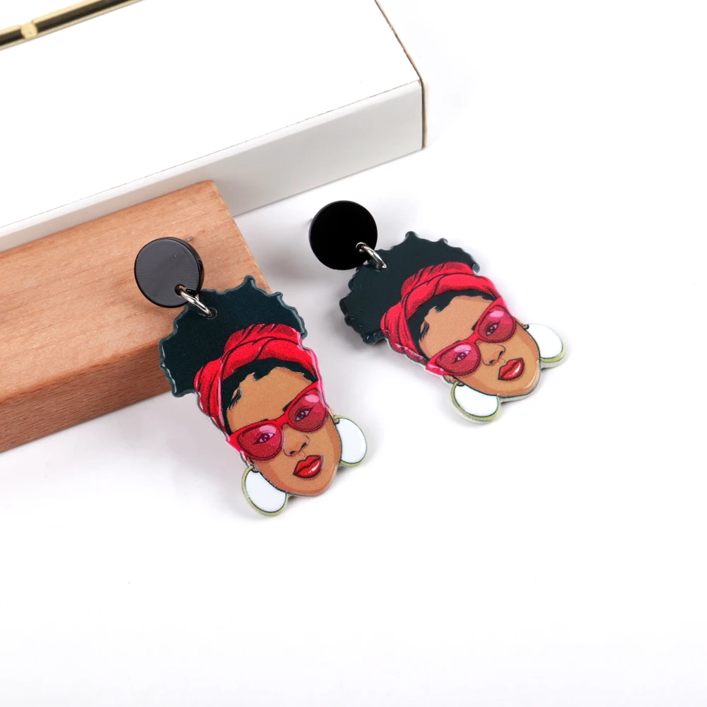 Fashion Wear Sunglasses Black Lady Acrylic Women\'s Earrings Cartoon Modern Curly Hair Girl Dangle Earring Statement Jewelry Gift