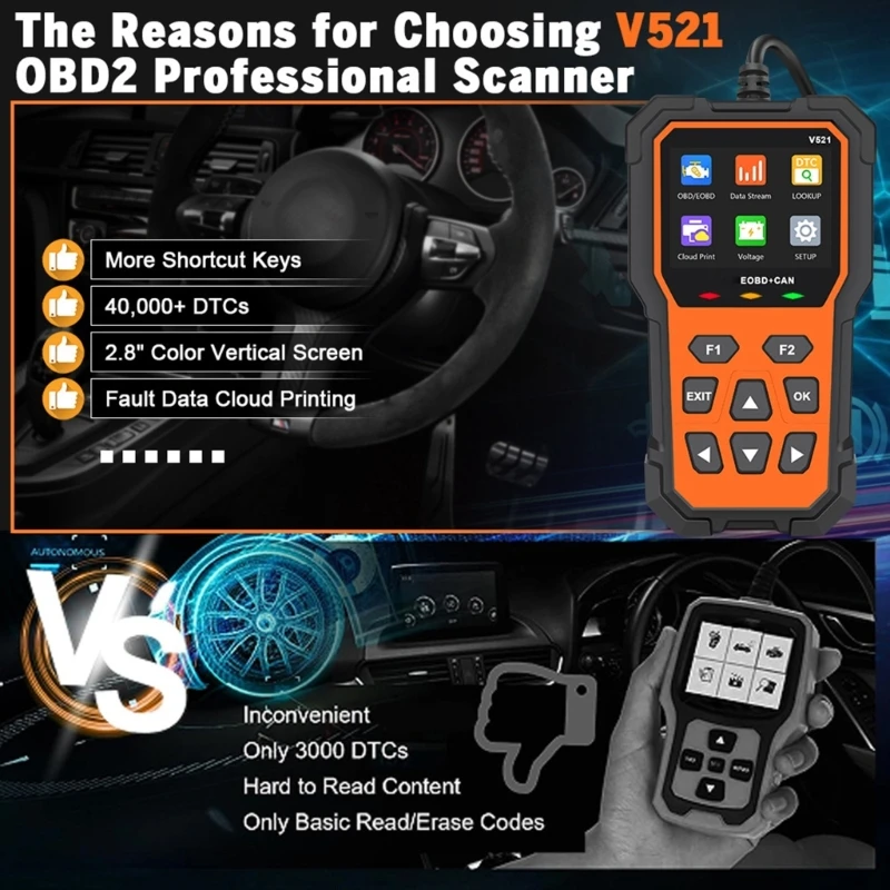 V521 Car Fault Code Scanners Diagnostic Tool, Clear Error Codes, Suitable for Quick Error Detection Trouble Code Erasing