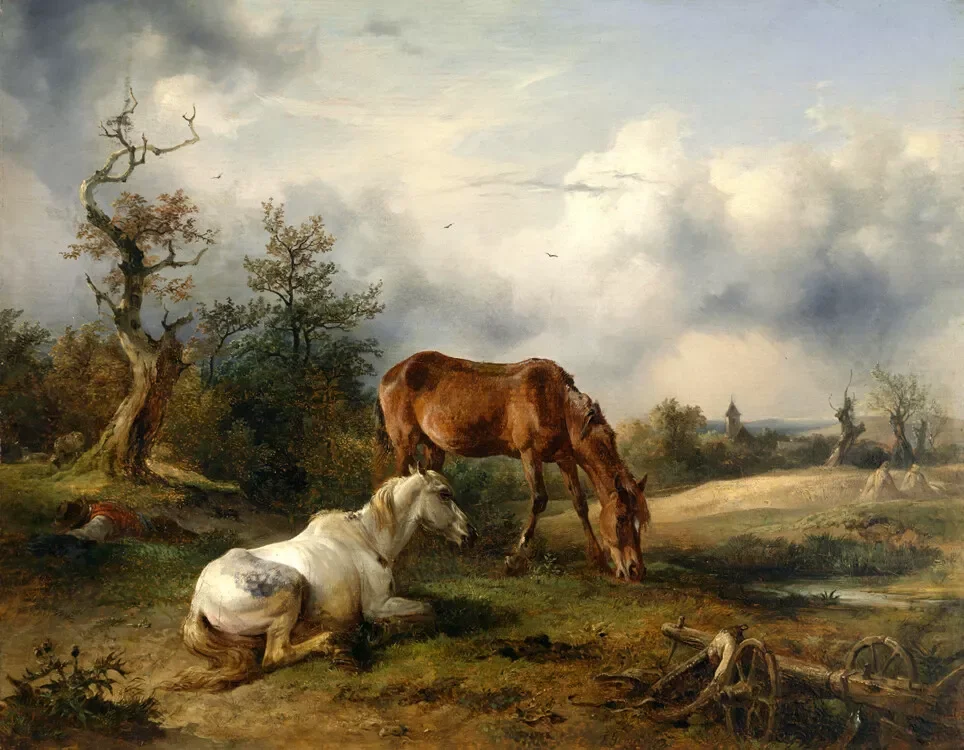 

Two horses on the pasture ,Art Picture Print Silk Poster Living Room Decor ,Home Wall