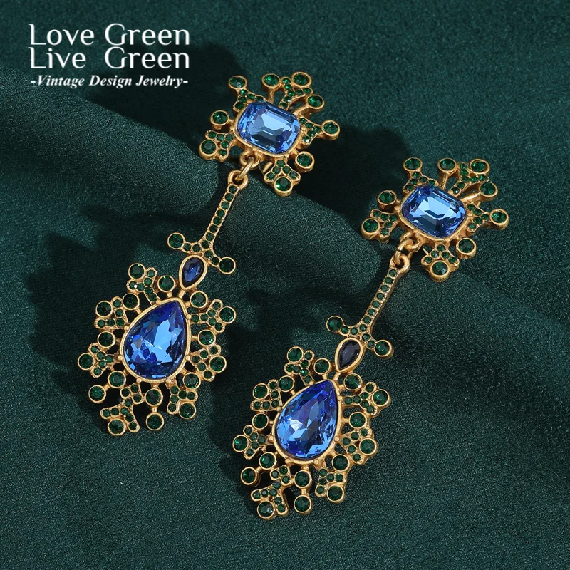 

Винтажные серьги-подвески с синими кристаллами и стразами, цвет античного золота, ретро-украшение для женщин, новинка 2026 года, на Рождество и День Благодарения