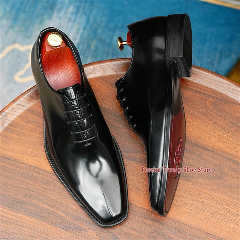 Men's Glossy Leather Oxford Shoes British Style Trend Genuine Leather Square Toe Lace-Up Business Dress Wedding Shoes Large Size