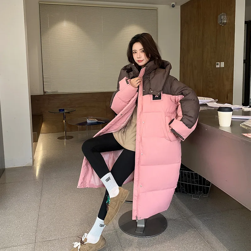 

Color-matching patchwork Down and cotton Woman Long knee-length coat Thick hooded cotton jacket Loose large size winter coat
