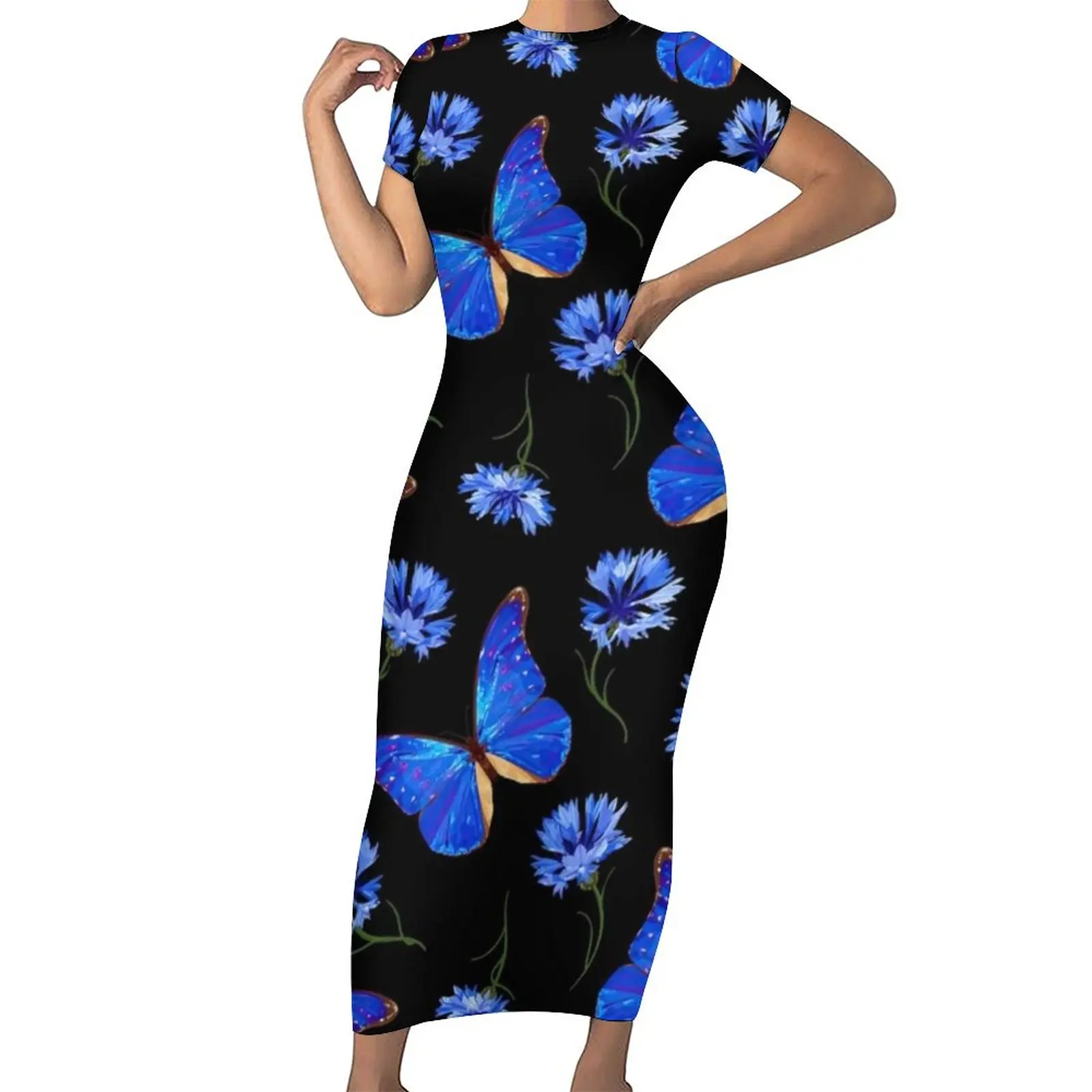 

Blue Floral Butterfly Graphic Dress Ladies Butterflies Vintage Patchwork Street Wear Bodycon Dress Summer Cute Maxi Dresses