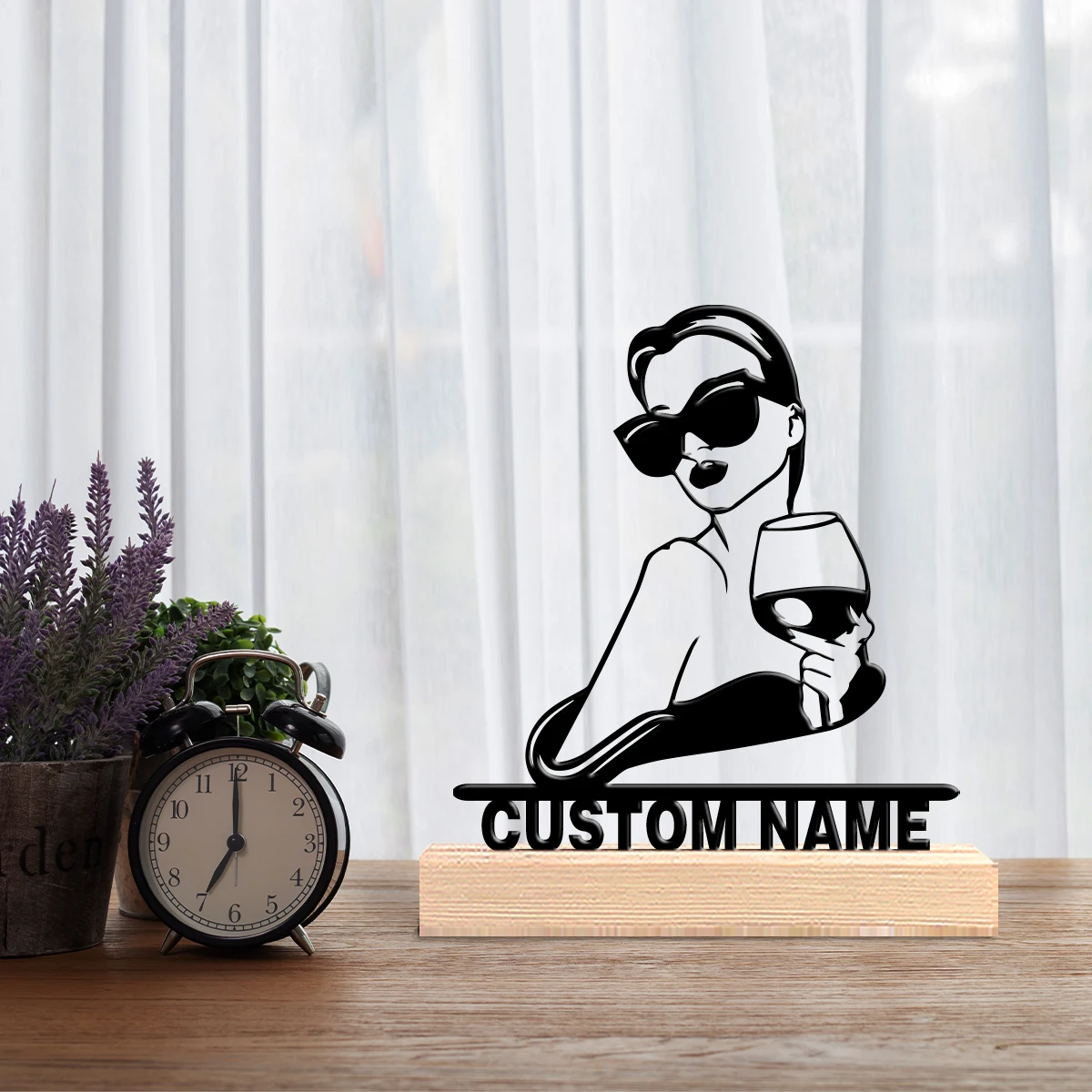 1 pieza de arte metálico personalizado de moda con diseño de dama de vino tinto y base de madera, decoración de mesa, regalo de astronomía con base de madera, I