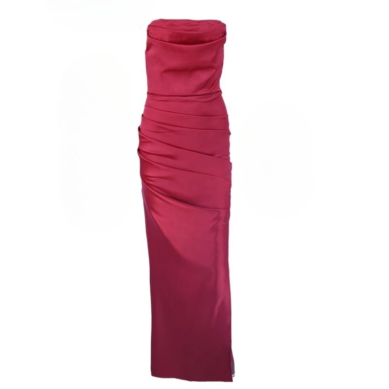 

Sexy Strapless Ruched High Split Long Formal Evening Dress Red