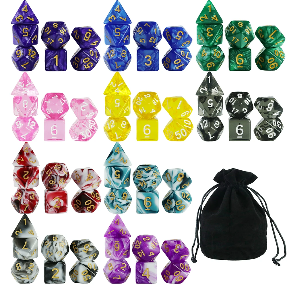 70pcs/bag Polyhedral Dice with Velvet Bag 10 Colors Dice Set for D&D Role Playing Game,Table Game,Board Games