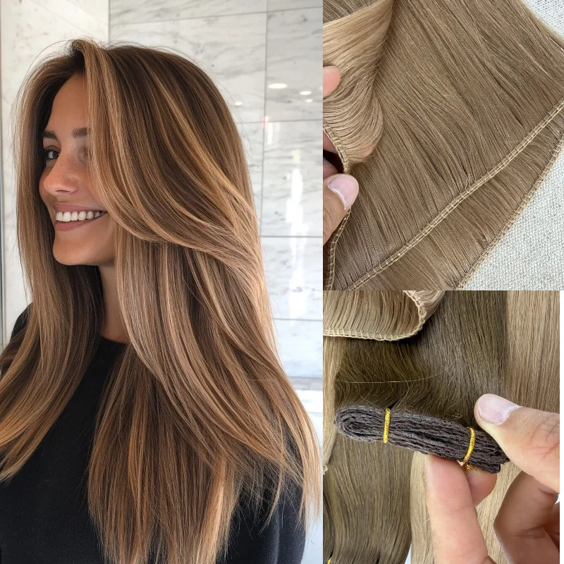 

100% Human Virgin Hair Super Genius Weft 20inch 100g Pre-Stitched #2 #4 For Hairdressers Double Efficiency Comfort Wear Wholesal