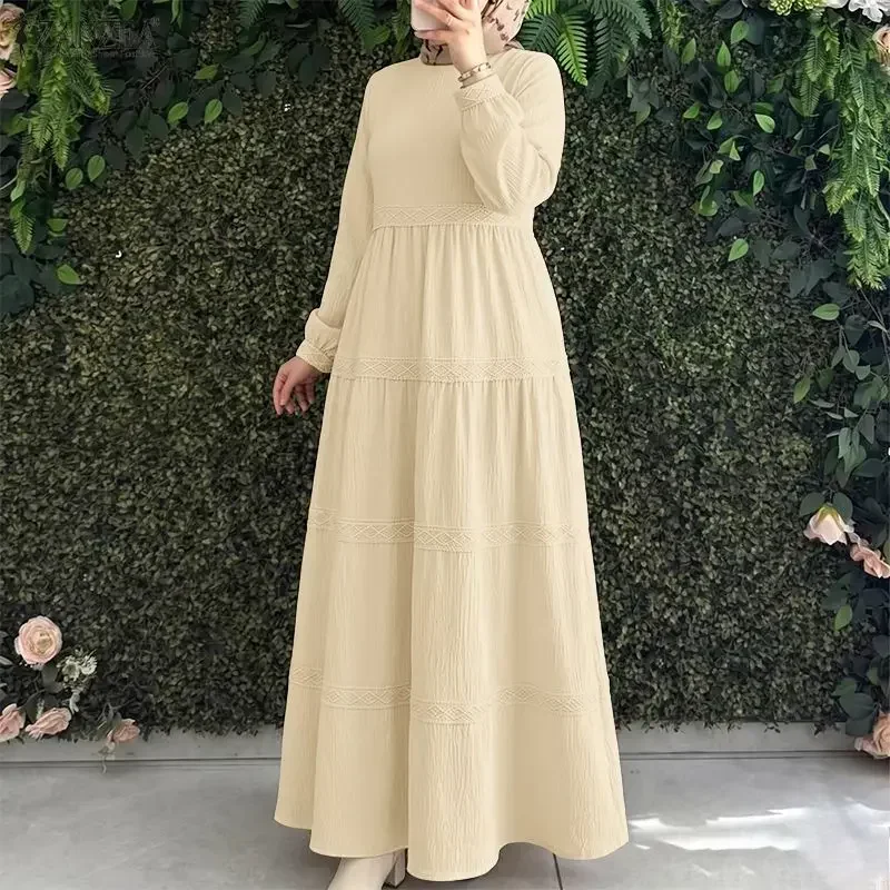 ZANZEA Modische Muslimische Abaya Kleid Ramadan Robe Damen Elegantes Langarm Plissiertes Sommerkleid Dubai Hijab Kleider Eid Kaftan Vestido