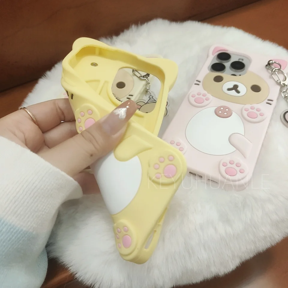 Funda linda con oso 3D de dibujos animados para iPhone 17 16 15 14 13 12 11 Pro X XS Max XR 6 7 8 Plus 5 5S SE, con llavero colgante 2