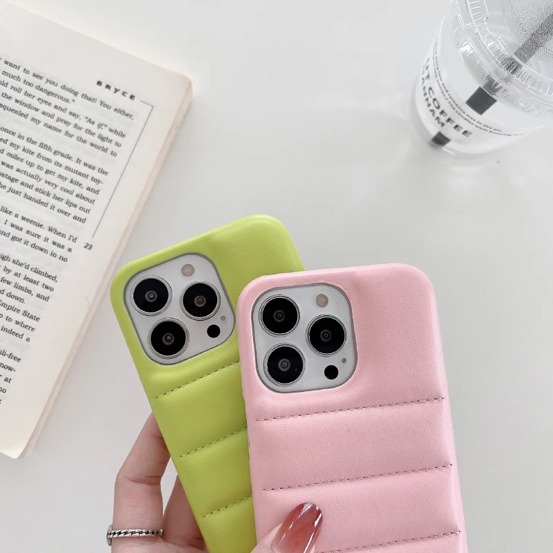 Luxury Solid Color Matte Leather Down Jacket Hard PC+Soft TPU Phone Case For iPhone 16 Pro Max 14 11 12 13 15 Pro Max Back Cover
