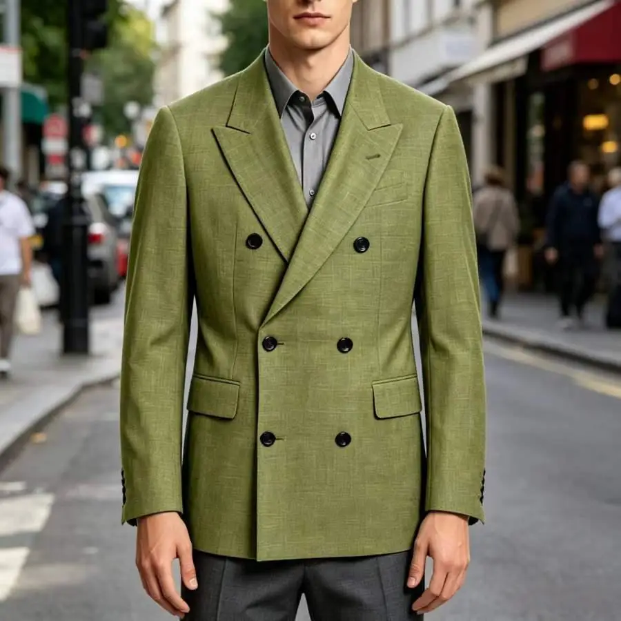 Men's Linen Double Breasted Blazer Slim Fit Textured Suit Jacket Notch Lapel for Business Wedding Casual Green
