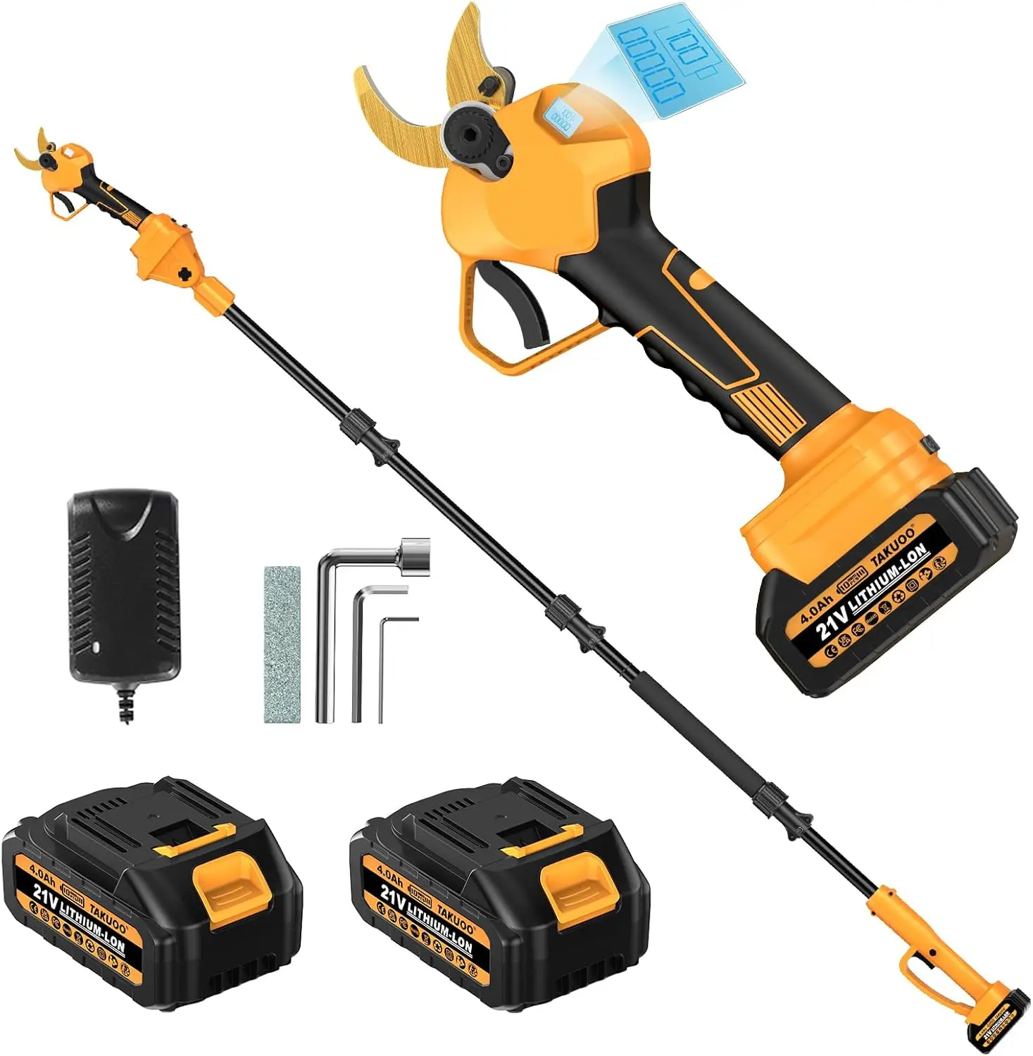 Tijeras de podar eléctricas inalámbricas 2 en 1 con pértiga extensible, podadora eléctrica de 21 V con batería dual de 4.0 Ah, recortadora de árboles con alcance de 13.7 pies