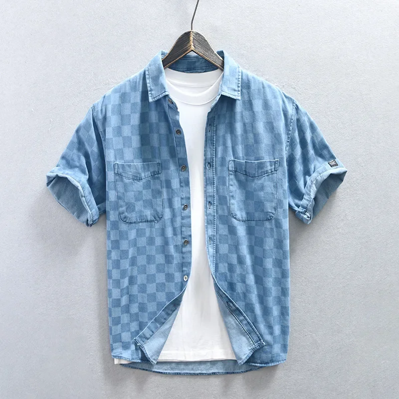 Summer Denim Shirt Men Streetwear Loose Jean Shirts Japanese Retro Causal Lapel Double Pockets Plaid Short Sleeve Shirts Fashion