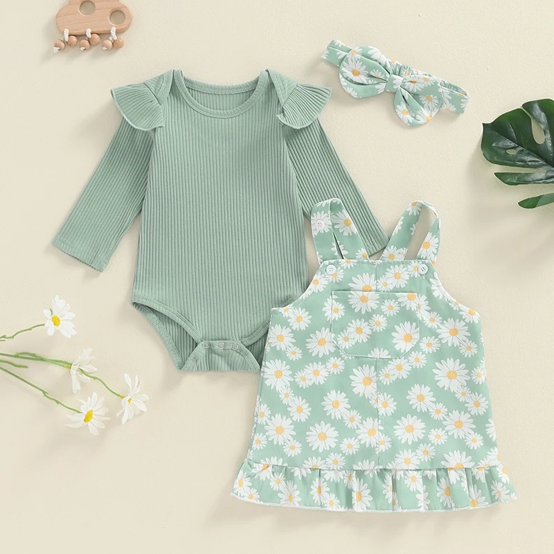 Newborn Clothes Baby Clothing Girls Ribbed Ruffles Bodysuits+Floral Suspender Skirts+Headband Spring Autumn Outfits