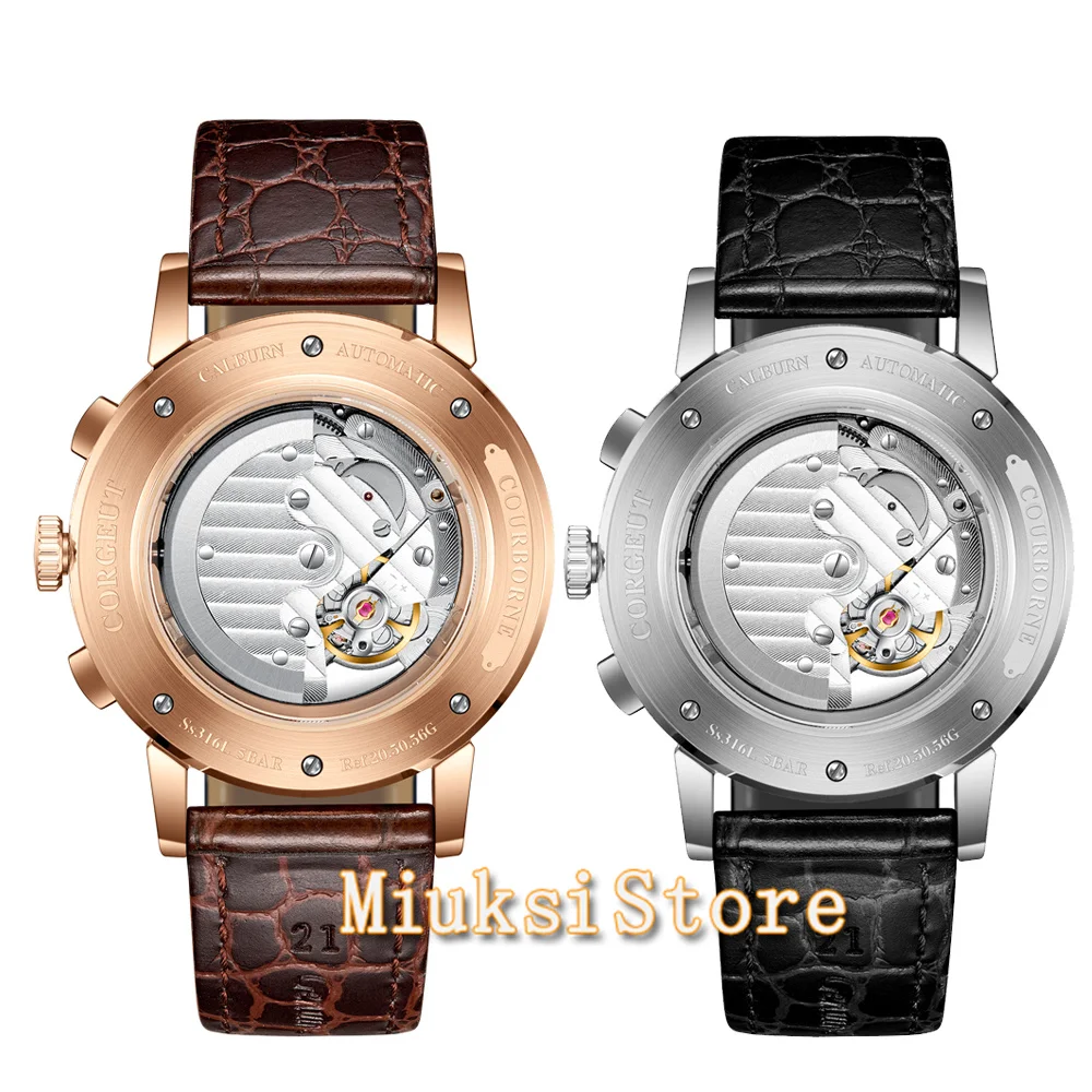 42mm Watch Custom LOGO Mens Watch Mechanical White Dial 316L Case Moon Phase Calendar WatcMultifunction Leather Strap Automatic