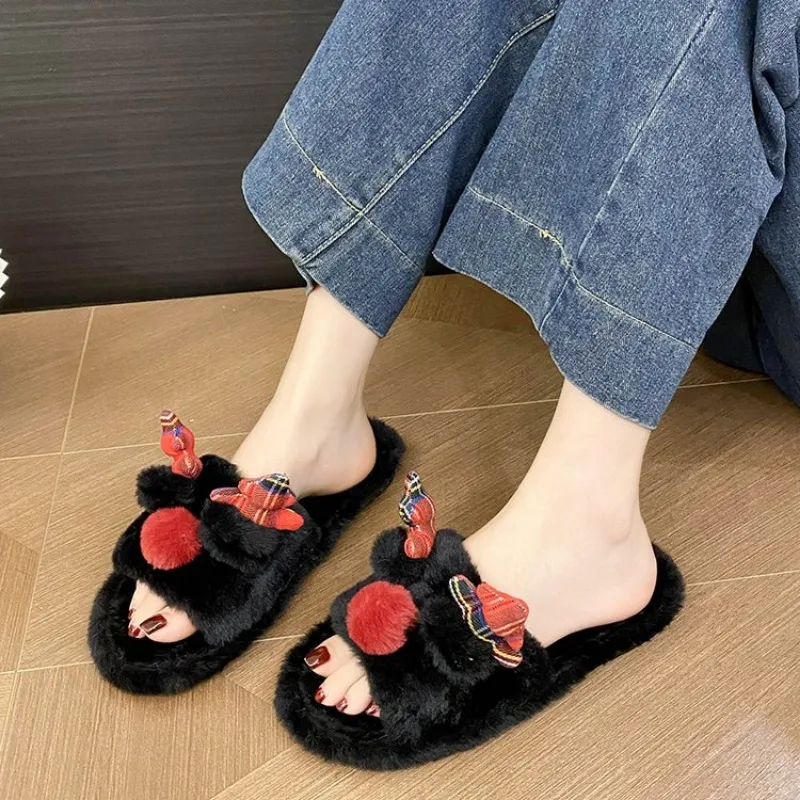 Warm Fashionable Home Slippers Winter Indoor Household Cartoon Cotton Slippers Soft Soled Christmas Reindeer Shoes Slides Women