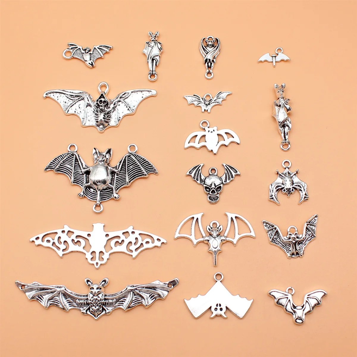 17pcs Antique Silver Color Bat Charms Collection For DIY Jewelry Making, 17 Styles, 1 of Each