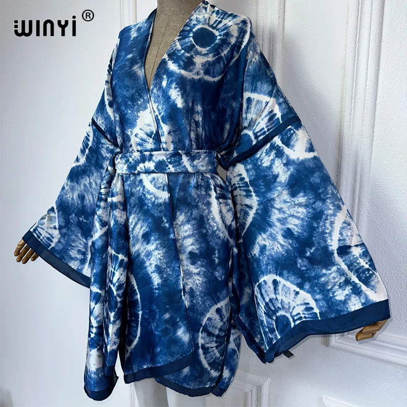 WINYI-quimono estampado com cinto para mulheres, vestido africano boho, moda praia, casaco elegante, roupas sexy de férias, cobertura