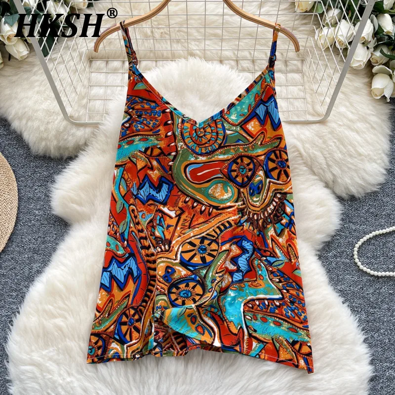 

HKSH Summer New Women's Tide Chic Stylish Vacation Style Vintage Niche Fashion Printed Strap Tees Casual V-neck Tank Tops HK6047