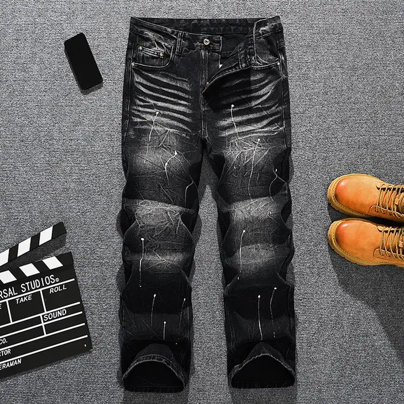 

Spring American heavyweight brand splashed ink dot paint loose straight leg jeans for men, wide leg black pants