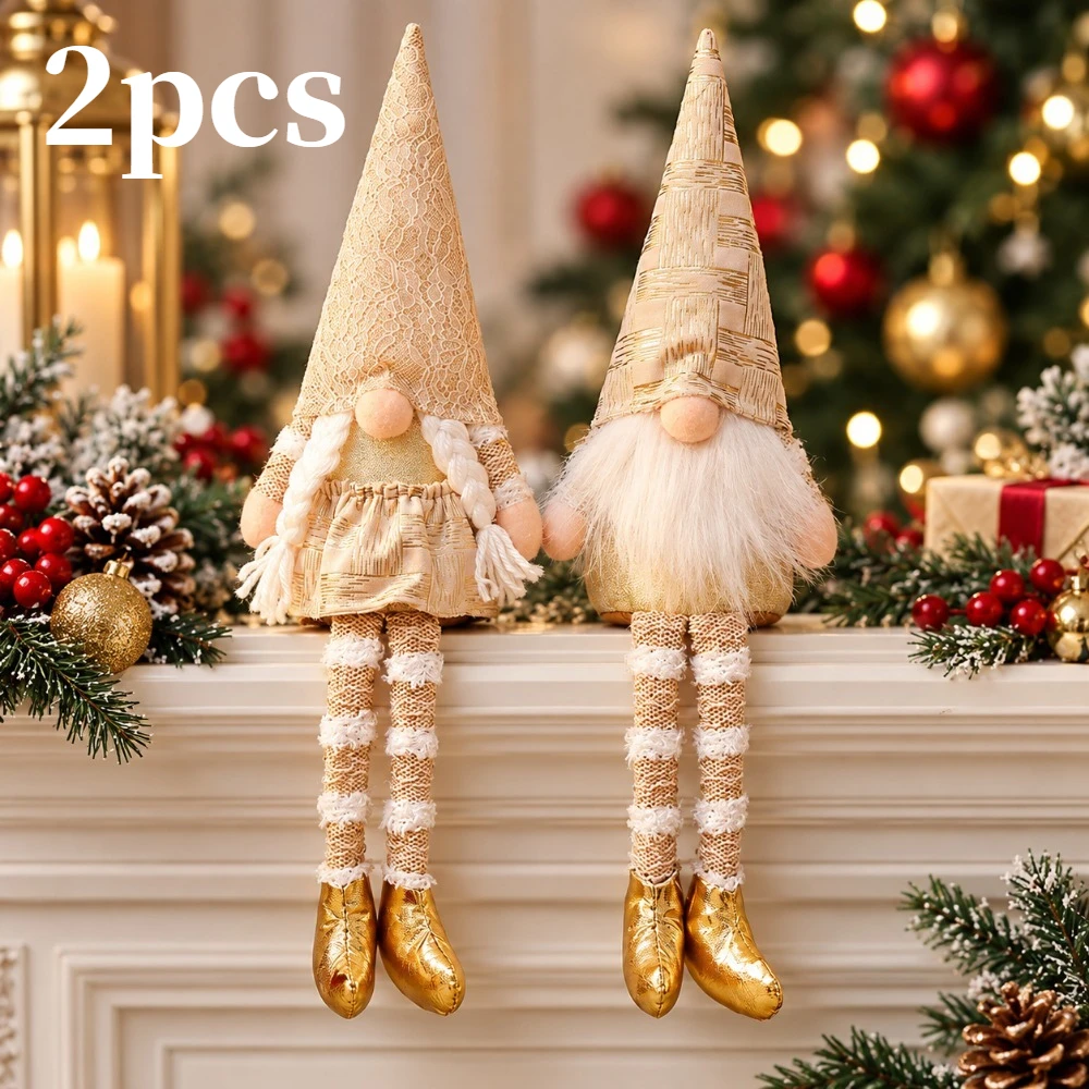 2 pieces of golden Christmas long-legged collectible figurines suitable for 3 different scenes. Ideal for holiday collection, Ch