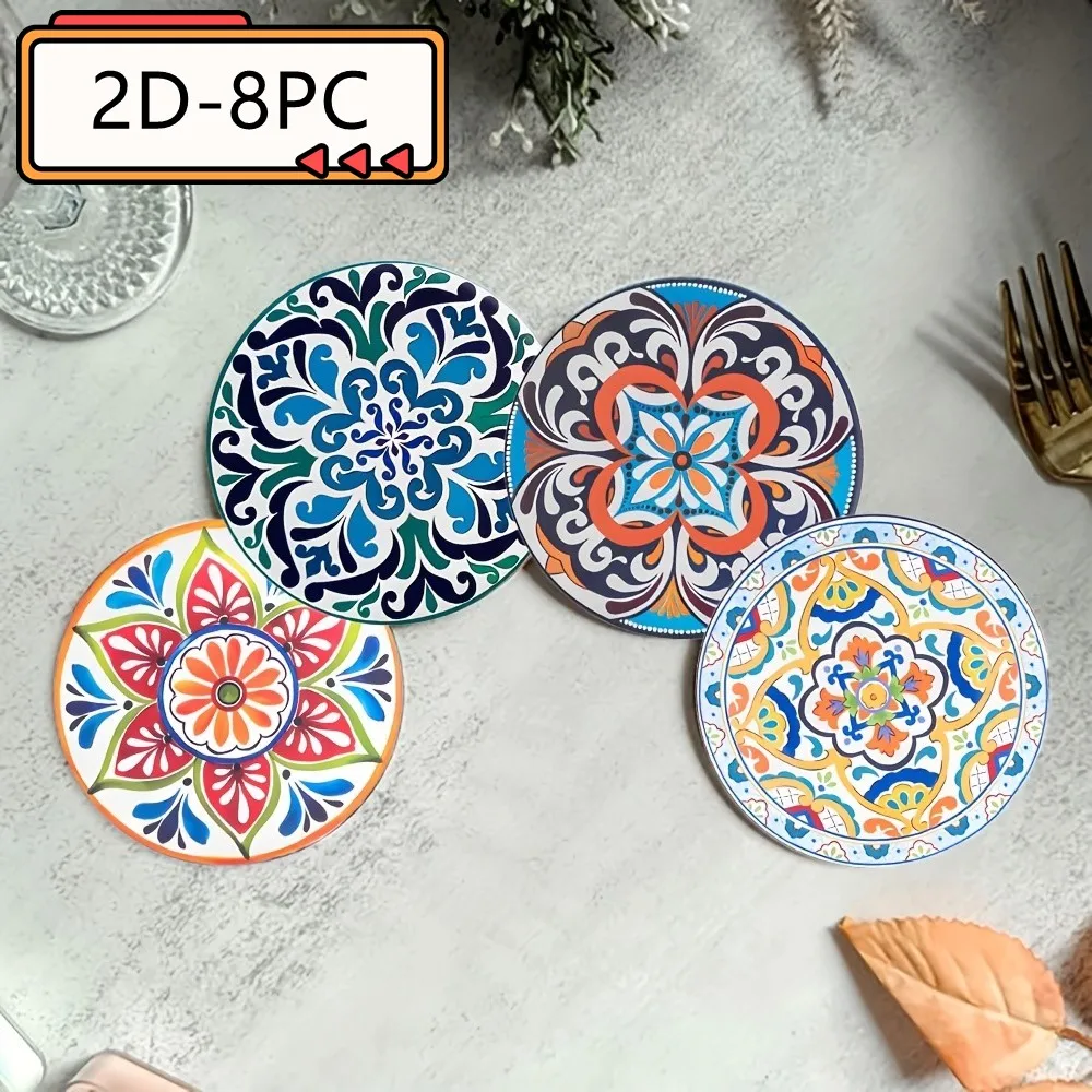 8 Pieces 2D Wooden Coasters Floral Patterns Theme Desktop Insulation Mats Home Decor Coffee Mugs Coasters Office