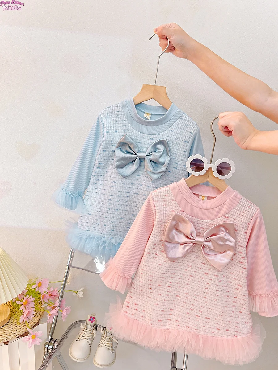 

2025 New Style Baby Autumn Clothes 0-3Y Baby Girl Clothes Cotton Bow Dress Tweed Texture Tulle Hem Princess Party Dress Outfits