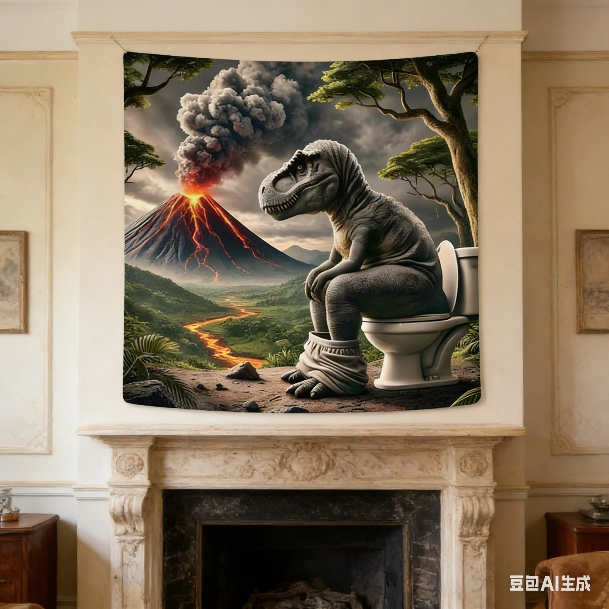 Dinosaurier-Toiletten-Vulkan-Wandteppich, verschiedene Größen, Digitaldruck, absurdes, surreales Meme, Polyester, Wohnzimmer, Schlafzimmer, Party-Dekoration
