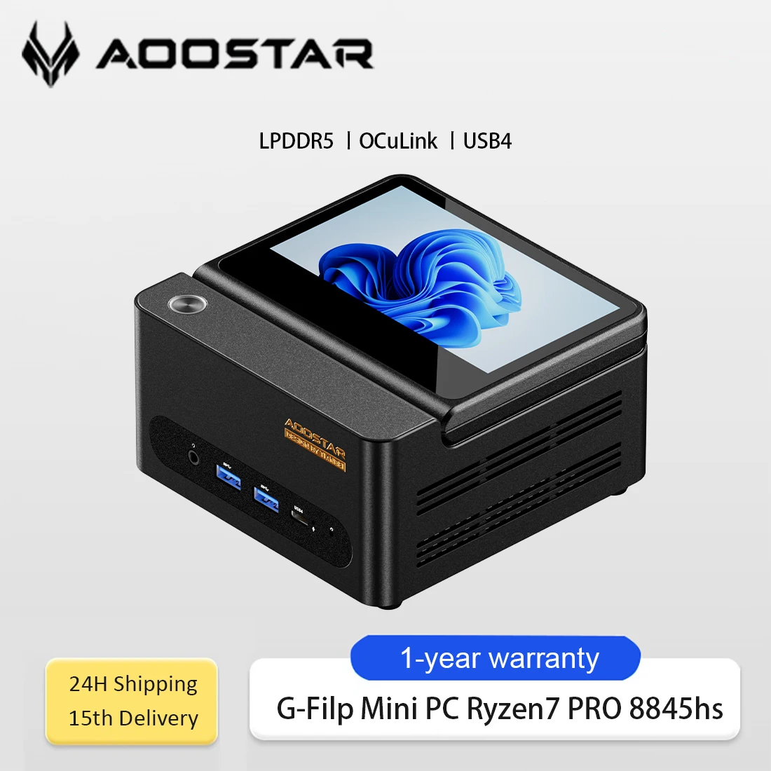 كمبيوتر مكتبي للألعاب عالي الأداء من Aoostar G-FLIP AMD Ryzen7 Pro 8845HS بشاشة لمس 5 بوصات USB4 OCuLink لنظام التشغيل Windows 11