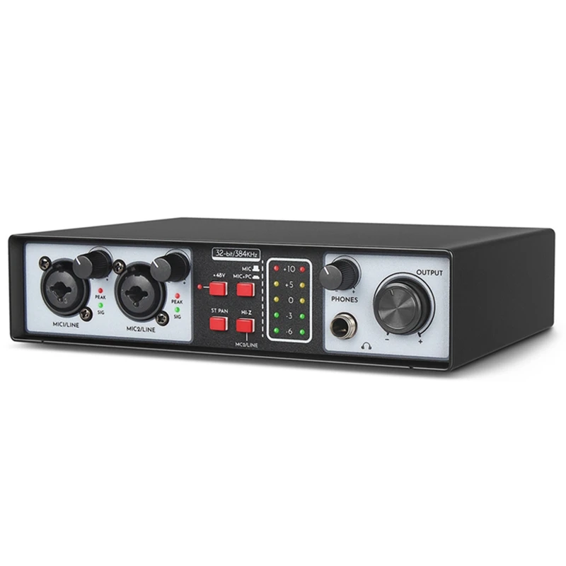 2 In 2 Out USB Audio Interface 32Bit/384KHZ Studio Kit Record Professional Sound Card 48V Phantom Durable Easy To Use