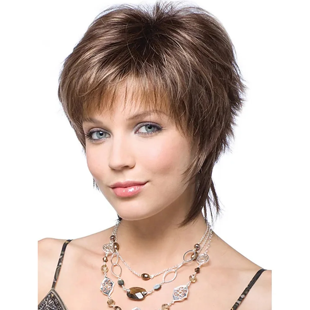 High Quality Brown Synthetic Wig with Natural Wave Layered Haircut and Color Gradient Adjustable for Women 8 Inches in Length