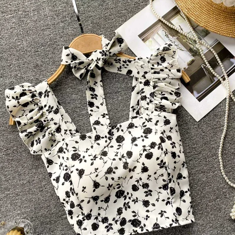 قطع علوية قصيرة كاميس للسيدات مكشكشة مثيرة وأنيقة وبسيطة ملابس خروج عتيقة للعطلات الصيفية غير رسمية للشباب جمالية تناسب الجميع Ulzzang جديد #2