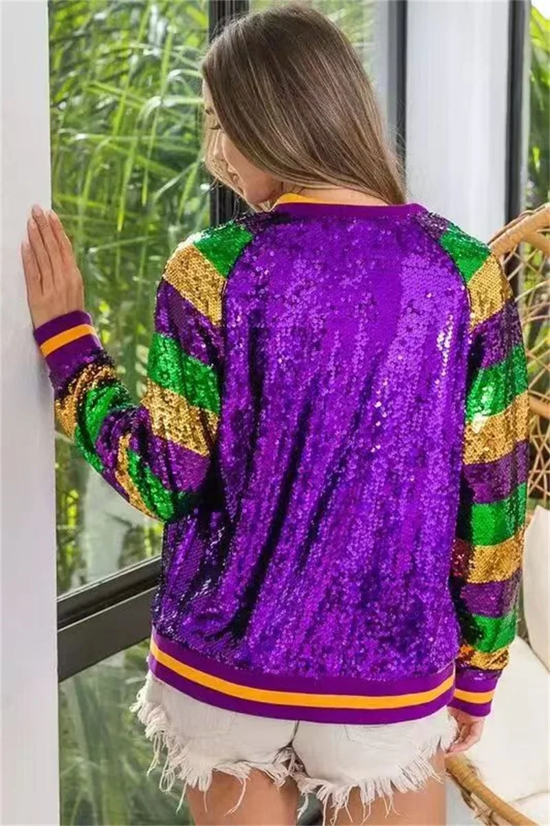 Spring And Autumn New Patchwork Color Long Sleeve Round Neck Sequins Coats Loose Streetwear Zipper Hip Hop Women Jackets