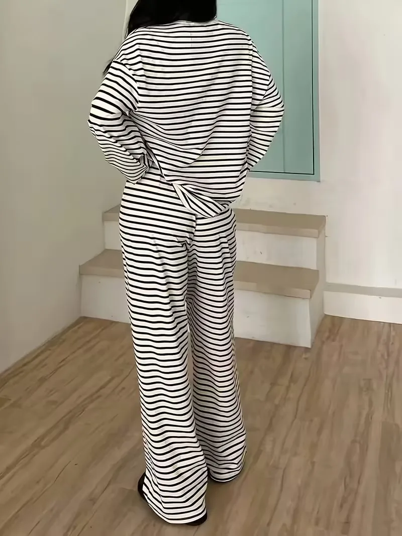 2026 Autumn Winter New Women Striped Round Neck Loose T-shirt High Waist Long Pants 2 Piece Set Casual Daily Outfit Suit view 4