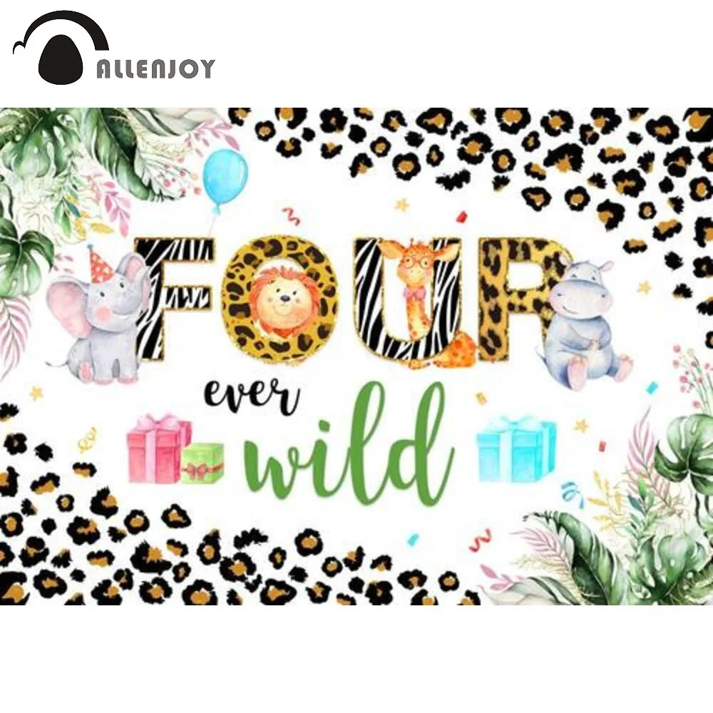 

Allenjoy Four Ever 4th Birthday Wild Theme Party Background Baby Shower Animals Jungle Leaves Leopard Decor Photozone Backdrop