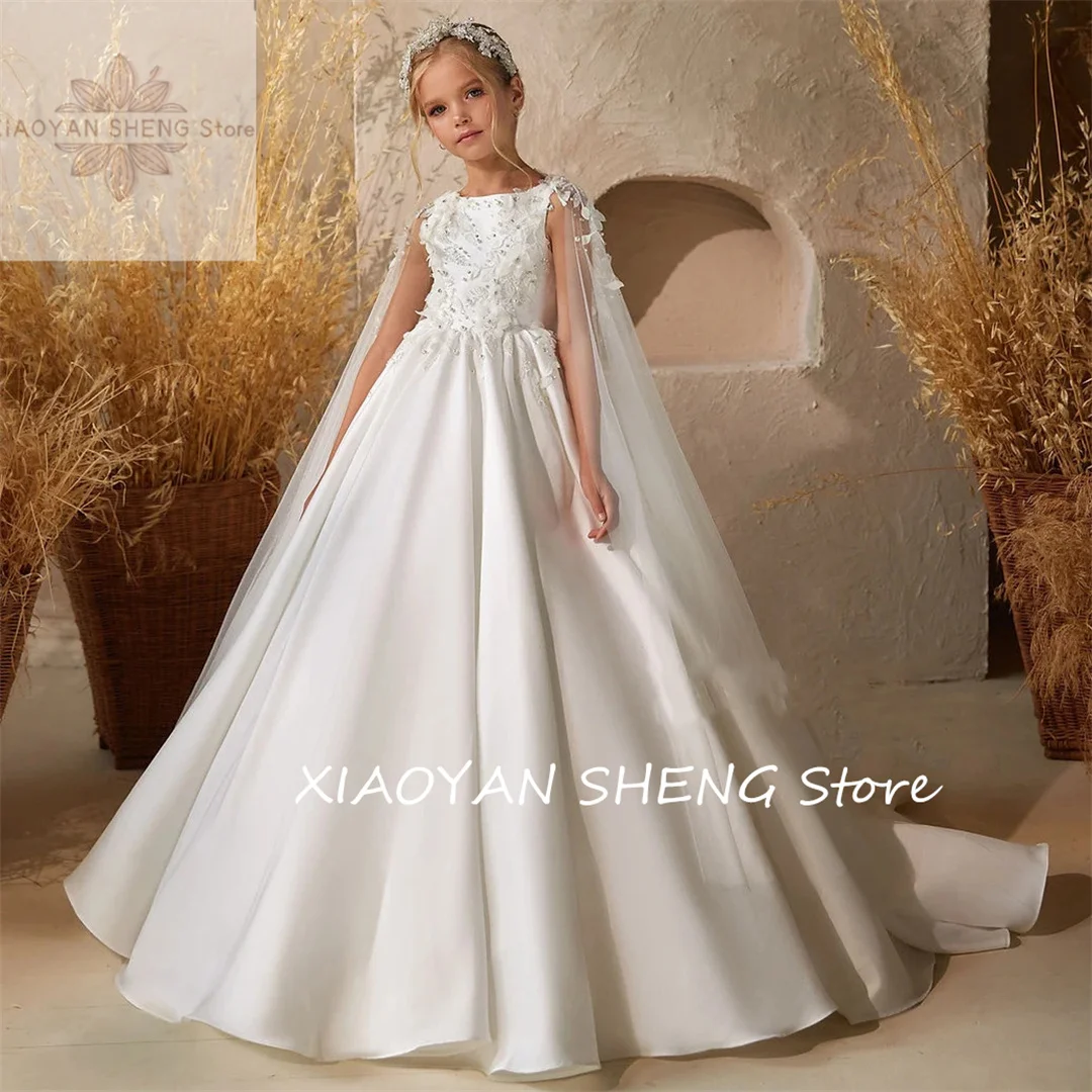 

Lace Puffy Flower Girl Dress For Wedding Shining White Satin Floor Length Kids Birthday Dress First Communion Ball Gowns