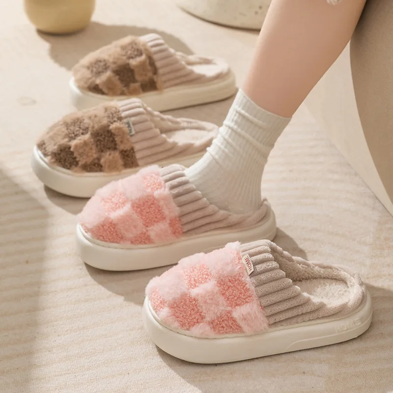 Fashion Couple Winter Toe Wrap Warm Plaid Cotton Slippers Thick Soft Sole Slides Men Women Indoor Floor Flat Home Non-slip Shoes