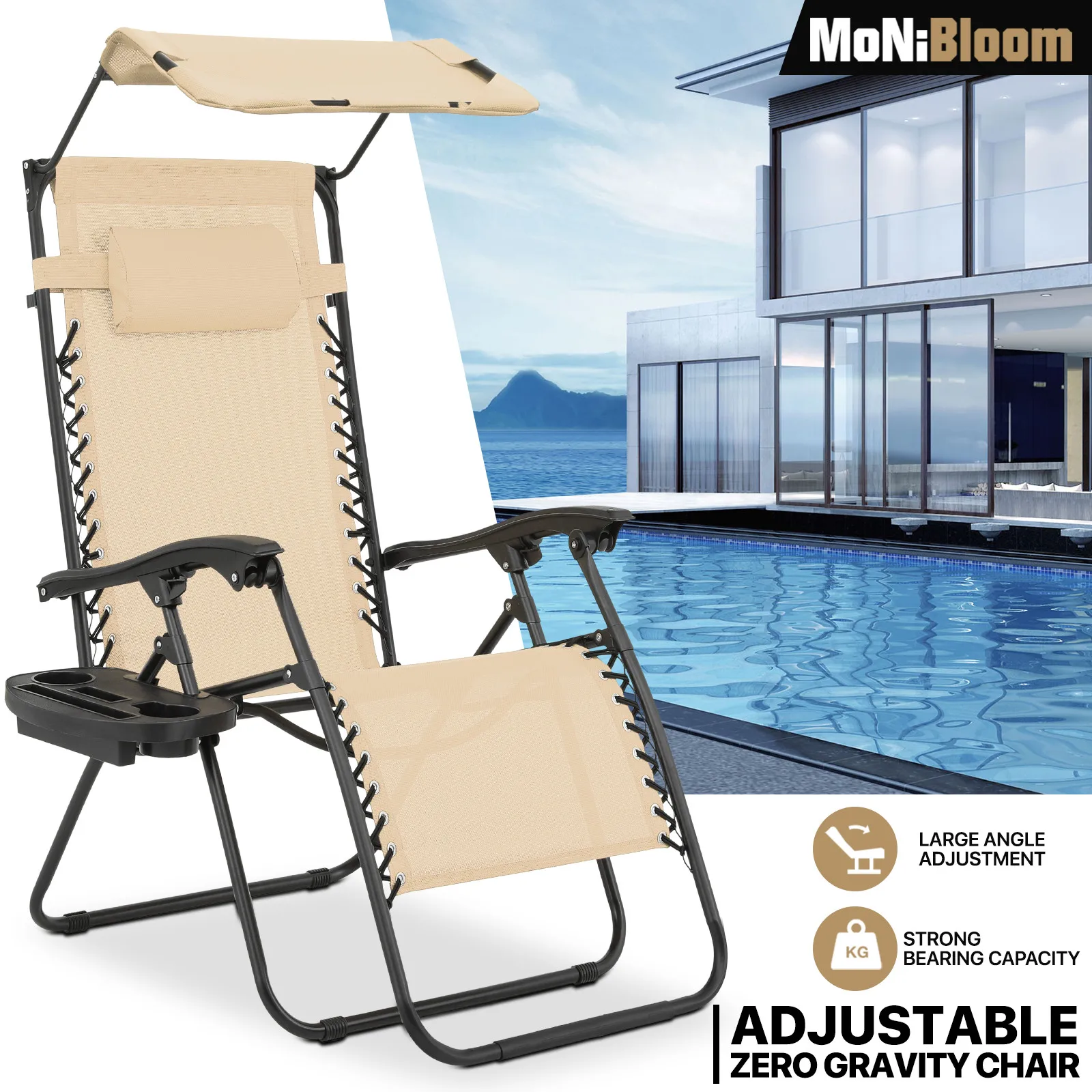 

Foldable Zero Gravity Chair Beach Lounge Recliner Cream w/Holding Tray & Canopy