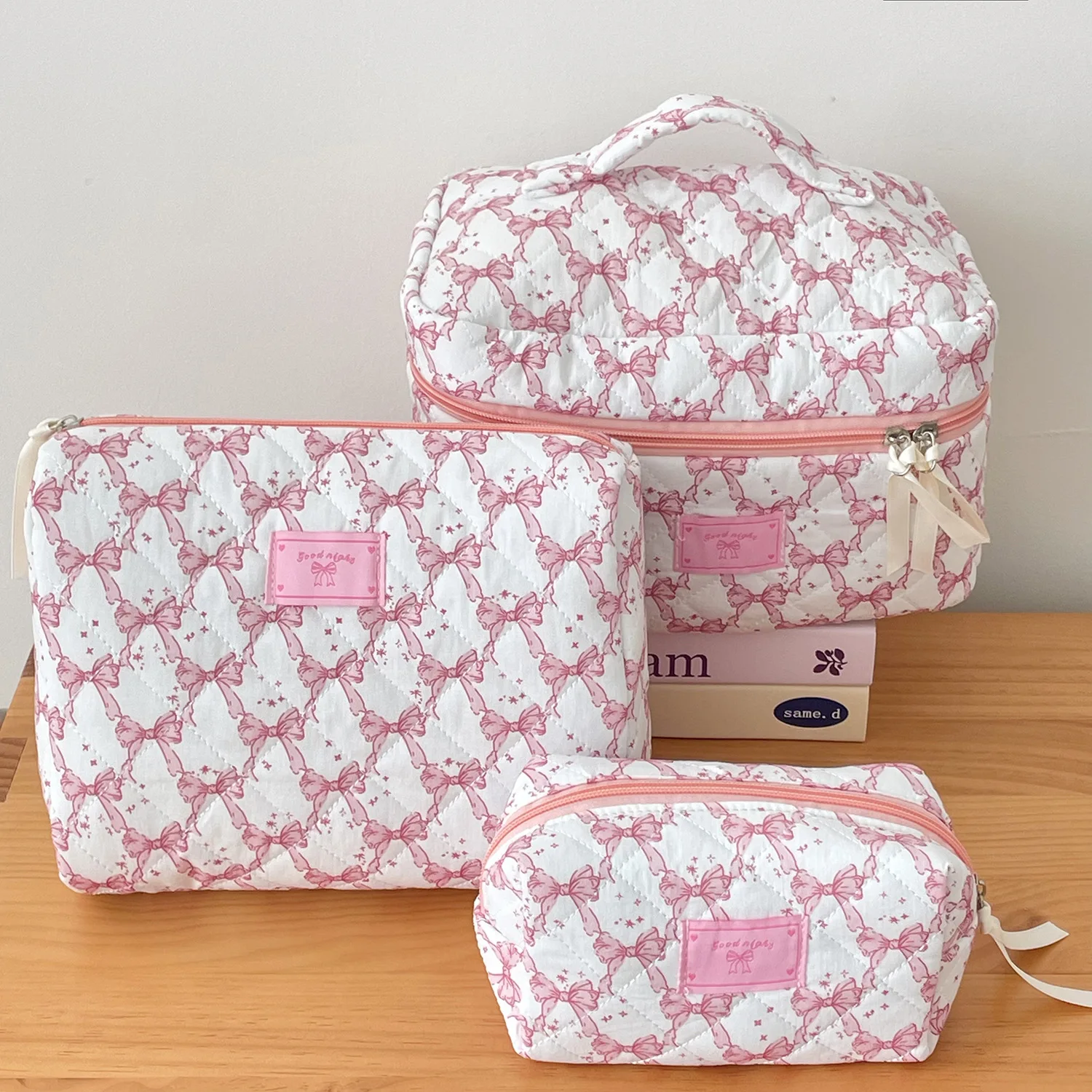 

New Kawaii Pink Bowknot Women Cosmetic Quilted Bag Large Capacity Toiletry Makeup Storage Handbag Pouch Mermaid Zipper Bags