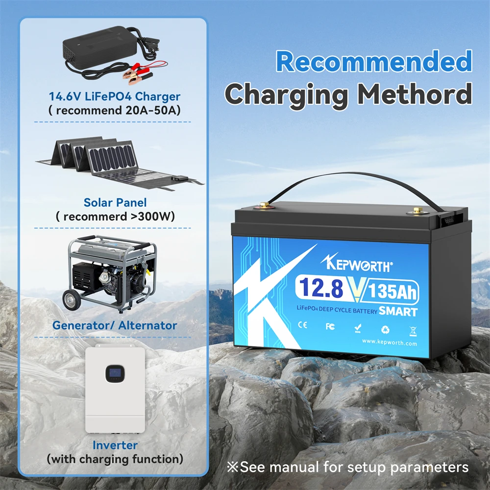 KEPWORTH 12V 135Ah LiFePO4 배터리 블루투스, 100A BMS, 캐러밴, 캠핑, 보트용 납산 배터리의 완벽한 교체